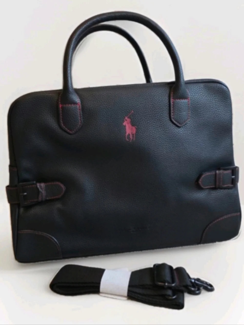 Ralph Lauren Black Leather Messenger with Red Logo Accent